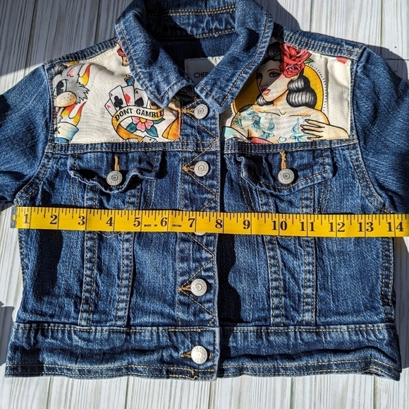 Tattoo Flash Forever Custom Made Denim Jean Jacket in Blue and Cream Size 6 - Picture 9 of 9